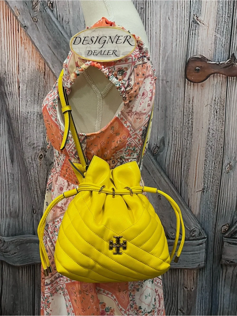 Tory Burch Yellow Kira Chevron Leather Drawstring Crossbody Bag